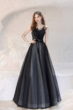 solvbao Black Long A-Line Tulle Prom Dress, Lovely Black Evening Dress