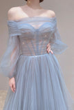 solvbao Blue Tulle Long A-Line Prom Dress, Long Sleeve Tulle Evening Dress