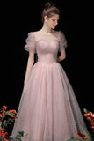 solvbao Pink Tulle Beading Tea Length Prom Dresses, A-Line Homecoming Dresses