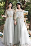 solvbao Gray Tulle Lace Long A-Line Prom Dresses, Gray Tulle Bridesmaid Dresses