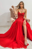 solvbao Red Strapless Tulle Lace Long Prom Dress, Red A-Line Evening Dress