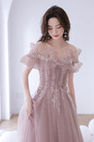 solvbao Off the Shoulder Lace Long Prom Dress, Pink A-Line Evening Dress