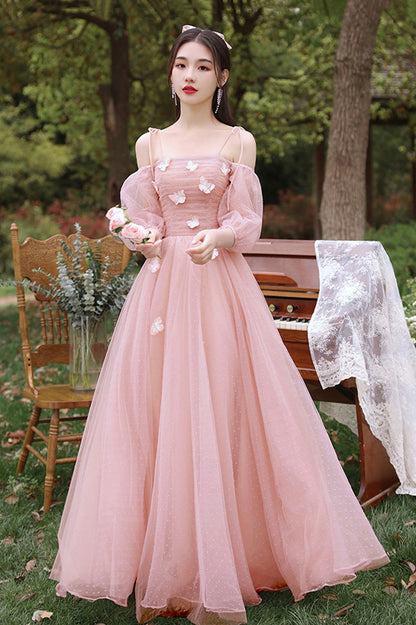 solvbao Pink Tulle Long Prom Dresses, Pink A-Line Tulle Party Dresses