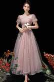 solvbao Pink Tulle Beading Tea Length Prom Dresses, A-Line Homecoming Dresses