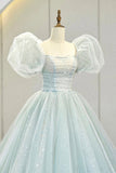 solvbao Lovely Puff Sleeve Tulle Formal Evening Gown, A-Line Long Prom Dress