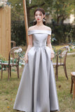 solvbao Gray Saitn Lace Long Prom Dress, A-Line Evening Dress