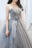 solvbao Gray Tulle Long A-Line Prom Dresses, Gray Strapless Evening Dresses