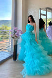 solvbao Blue Tulle High Low Prom Dress, A-Line Strapless Party Dress