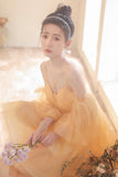 solvbao Yellow Tulle Short Prom Dress, A-Line Short Sleeve Party Dress