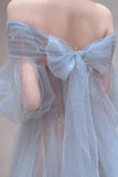 solvbao Blue Tulle Long A-Line Prom Dress, Long Sleeve Tulle Evening Dress