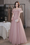 solvbao Off the Shoulder Lace Long Prom Dress, Pink A-Line Evening Dress