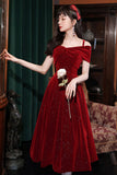 solvbao Burgundy Velvet Off the Shoulder Prom Dress, A-Line Party Dress