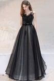 solvbao Black Long A-Line Tulle Prom Dress, Lovely Black Evening Dress