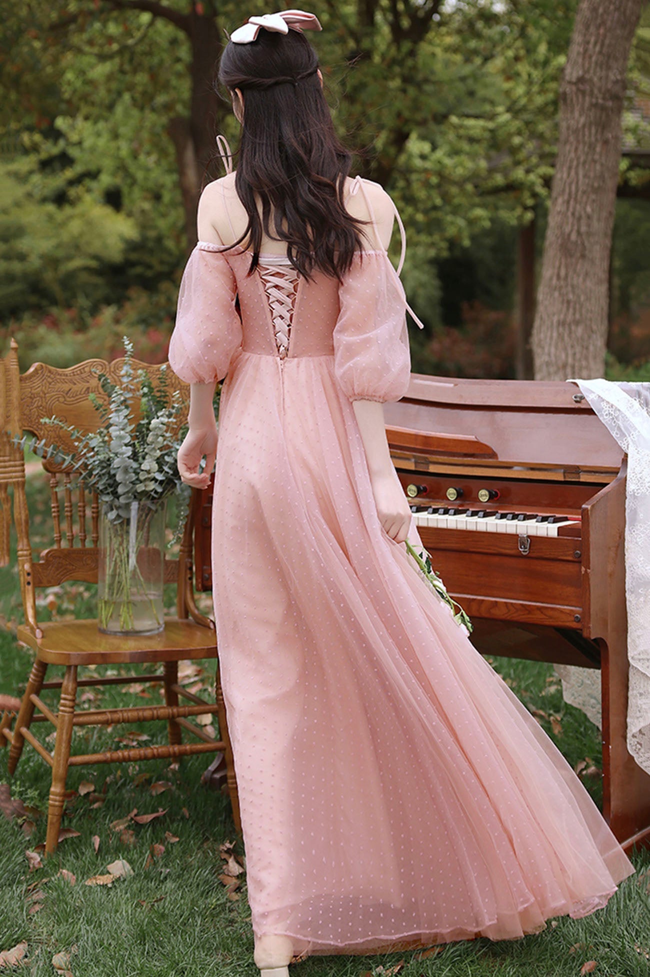 solvbao Pink Tulle Long Prom Dresses, Pink A-Line Tulle Party Dresses