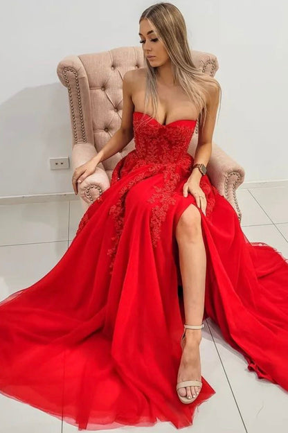 solvbao Red Strapless Tulle Lace Long Prom Dress, Red A-Line Evening Dress