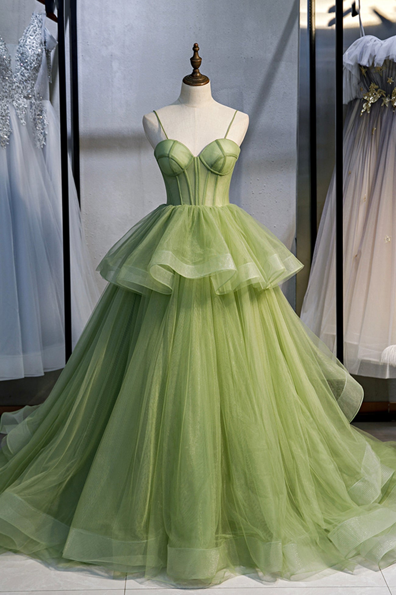 solvbao Green Tulle Long Prom Dresses, A-Line Evening Dresses with Train