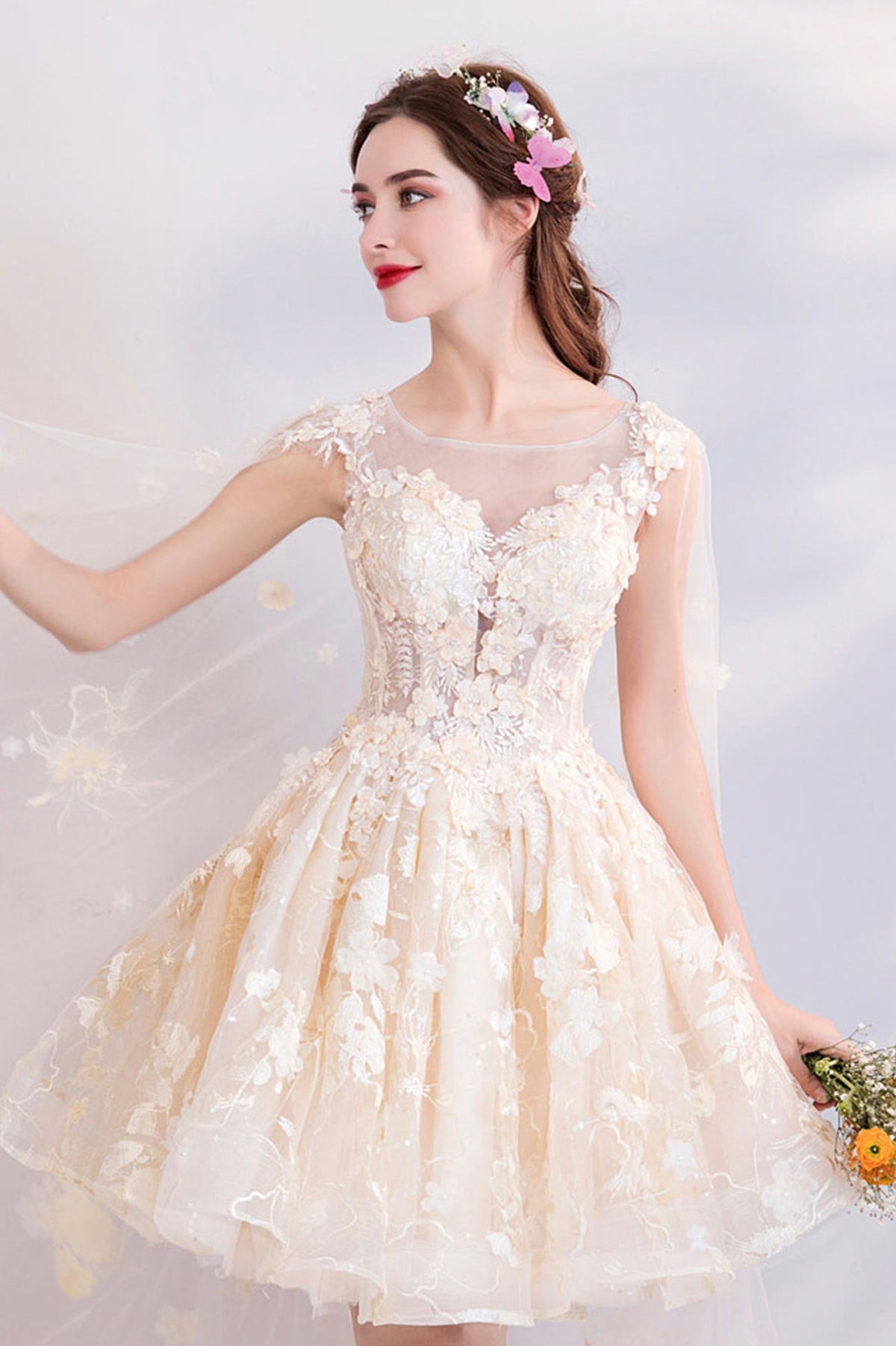 solvbao Champagne Tulle Lace Short Prom Dresses, A-Line Lace Party Dresses