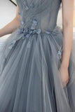 solvbao Gray Tulle Long A-Line Prom Dresses, Gray Strapless Evening Dresses