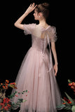 solvbao Pink Tulle Beading Tea Length Prom Dresses, A-Line Homecoming Dresses