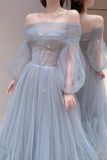 solvbao Blue Tulle Long A-Line Prom Dress, Long Sleeve Tulle Evening Dress