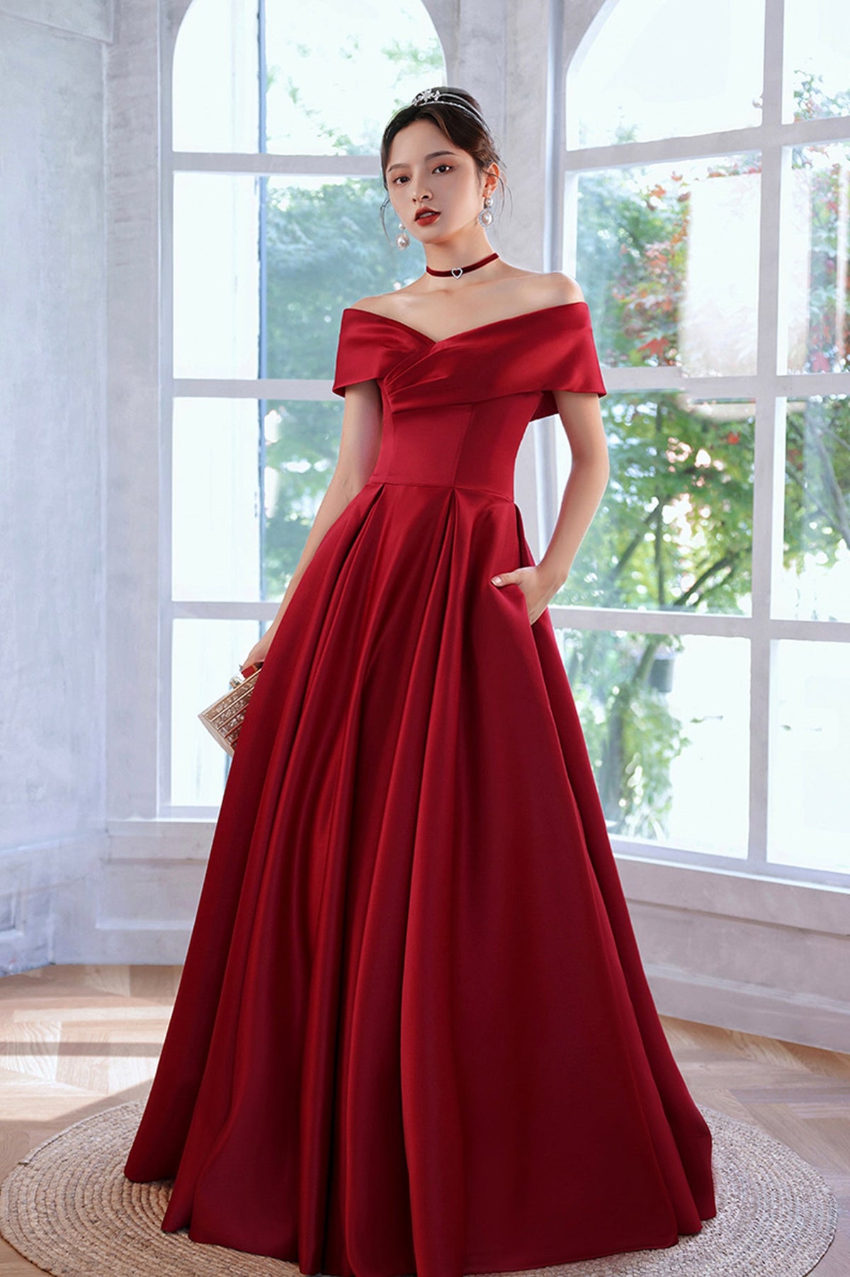 solvbao Red Satin A-Line Floor Length Prom Dress, Red  Off Shoulder Evening Dress