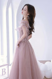 solvbao Off the Shoulder Lace Long Prom Dress, Pink A-Line Evening Dress