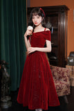 solvbao Burgundy Velvet Off the Shoulder Prom Dress, A-Line Party Dress