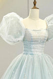 solvbao Lovely Puff Sleeve Tulle Formal Evening Gown, A-Line Long Prom Dress