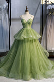 solvbao Green Tulle Long Prom Dresses, A-Line Evening Dresses with Train