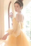 solvbao Yellow Tulle Short Prom Dress, A-Line Short Sleeve Party Dress