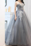 solvbao Gray Tulle Long A-Line Prom Dresses, Gray Strapless Evening Dresses