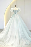 solvbao Lovely Puff Sleeve Tulle Formal Evening Gown, A-Line Long Prom Dress