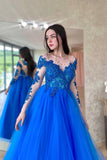 solvbao Blue Lace Long Sleeve Evening Dress, A-Line Scoop Neckline Evening Dress