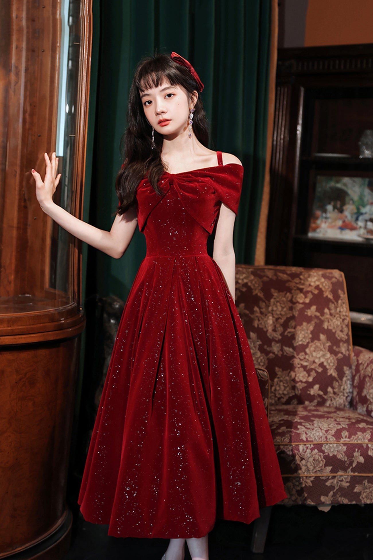 solvbao Burgundy Velvet Off the Shoulder Prom Dress, A-Line Party Dress