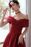 solvbao Red Satin A-Line Floor Length Prom Dress, Red  Off Shoulder Evening Dress