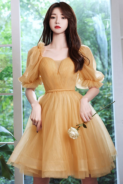 solvbao Yellow Tulle Short A-Line Prom Dress, Yellow Party Dress