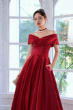 solvbao Red Satin A-Line Floor Length Prom Dress, Red  Off Shoulder Evening Dress