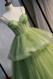 solvbao Green Tulle Long Prom Dresses, A-Line Evening Dresses with Train