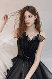 solvbao Black Long A-Line Tulle Prom Dress, Lovely Black Evening Dress