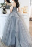 solvbao Gray Tulle Long A-Line Prom Dresses, Gray Strapless Evening Dresses