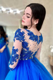 solvbao Blue Lace Long Sleeve Evening Dress, A-Line Scoop Neckline Evening Dress