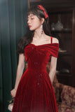 solvbao Burgundy Velvet Off the Shoulder Prom Dress, A-Line Party Dress