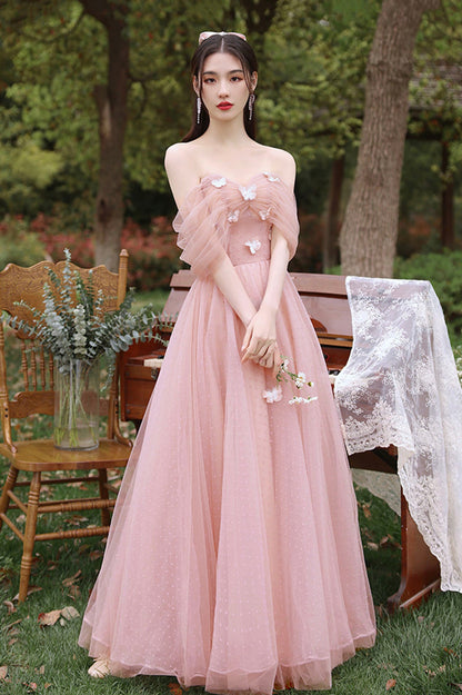 solvbao Pink Tulle Long Prom Dresses, Pink A-Line Tulle Party Dresses