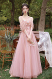 solvbao Pink Tulle Long Prom Dresses, Pink A-Line Tulle Party Dresses