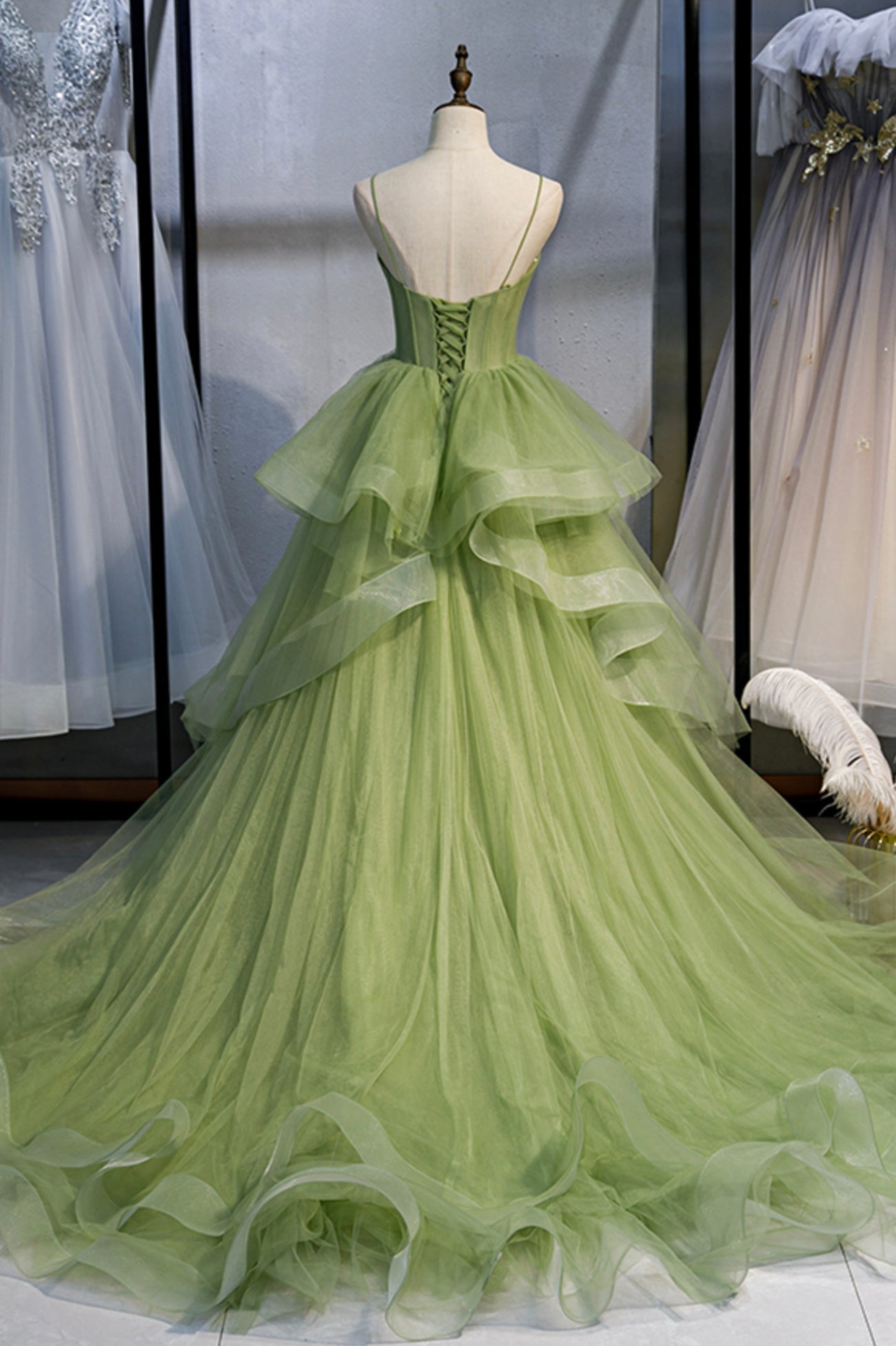 solvbao Green Tulle Long Prom Dresses, A-Line Evening Dresses with Train