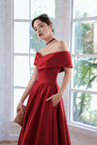 solvbao Red Satin A-Line Floor Length Prom Dress, Red  Off Shoulder Evening Dress