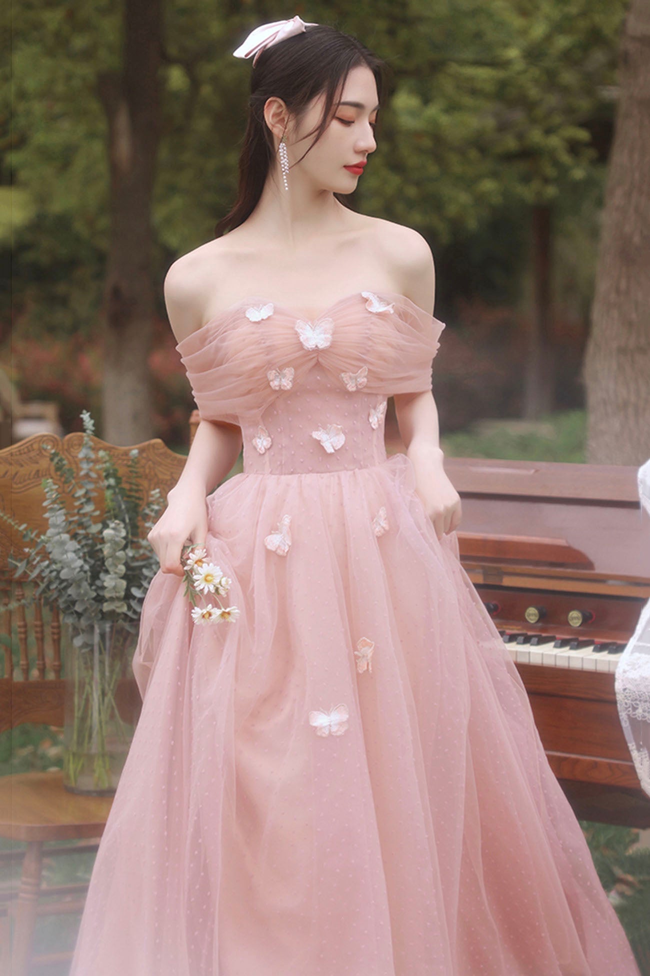 solvbao Pink Tulle Long Prom Dresses, Pink A-Line Tulle Party Dresses