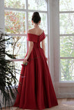 solvbao Red Satin A-Line Floor Length Prom Dress, Red  Off Shoulder Evening Dress