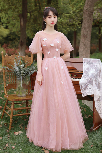 solvbao Pink Tulle Long Prom Dresses, Pink A-Line Tulle Party Dresses