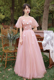 solvbao Pink Tulle Long Prom Dresses, Pink A-Line Tulle Party Dresses